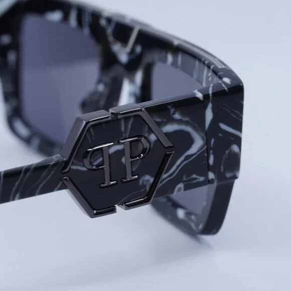 🕶️ New Philipp Plein SPP092M Z21G Sunglasses - Marbled Black Frame, Grey Lenses